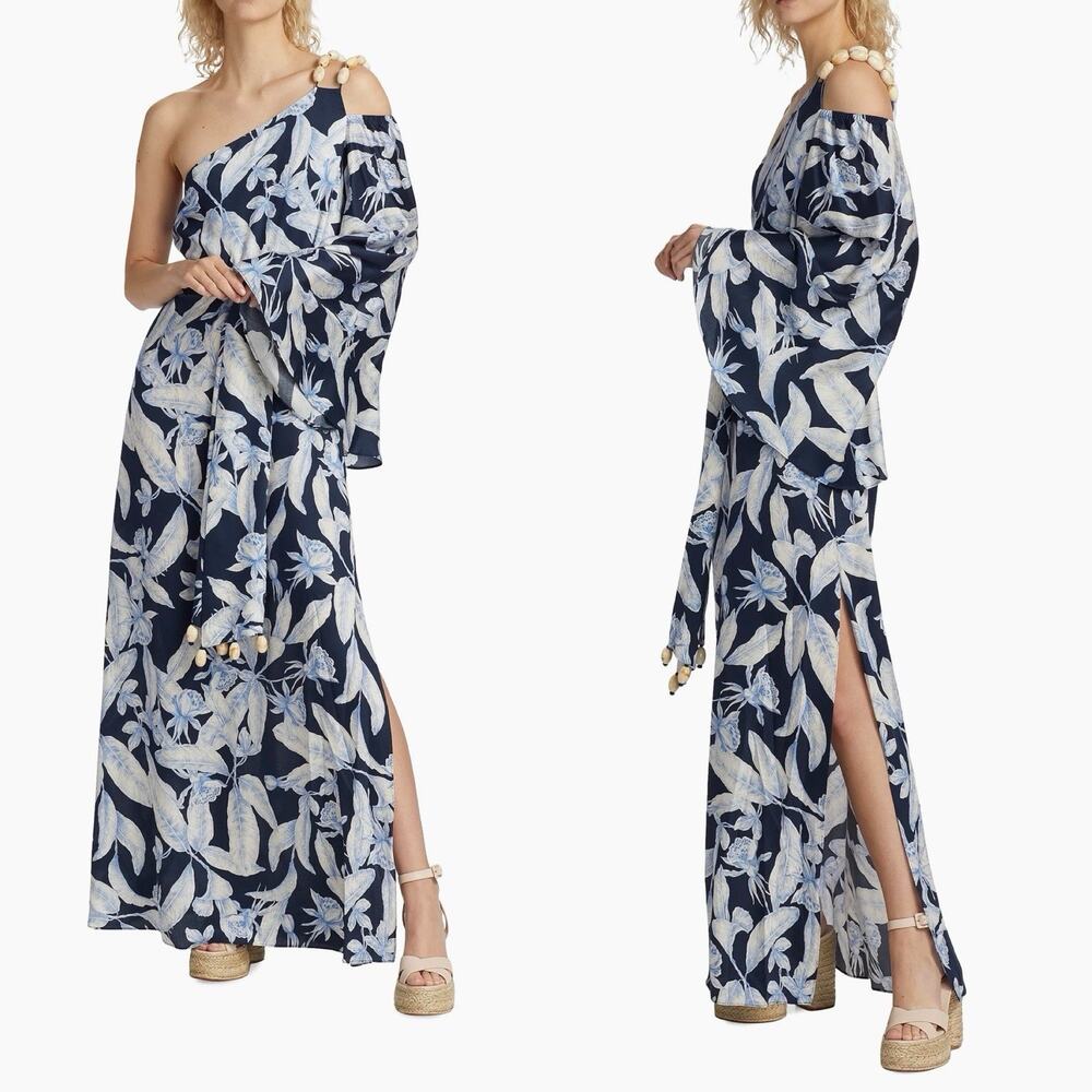 NWT Alexis Randi One Shoulder Floral Maldives Blue Long Sleeve Maxi Dress Size L